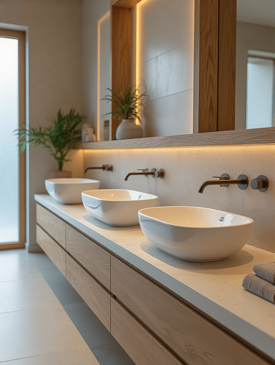 Vertical showroom display of undermount, wall-mounted, and vessel sinks showing seamless countertop integration and sturdy mounting detail.