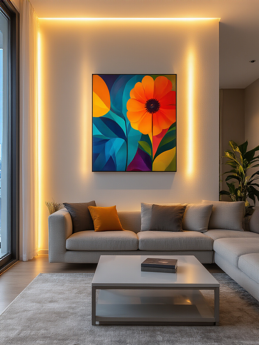 Living room wall art illuminated by high-CRI LED accent lighting at a 30-degree angle enhancing vibrancy and perception