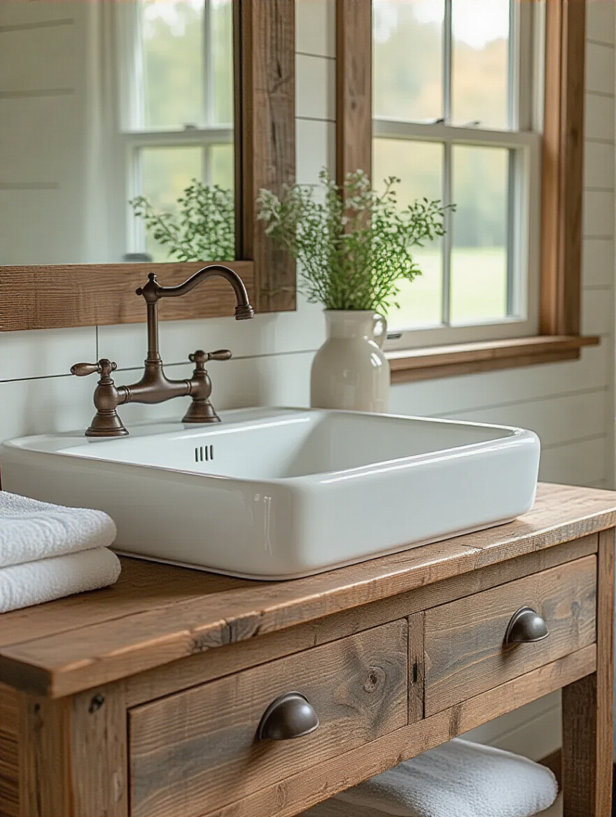 Close-up of a white fireclay farmhouse sink with exposed apron-front in a rustic bathroom setting on a reclaimed wood vanity