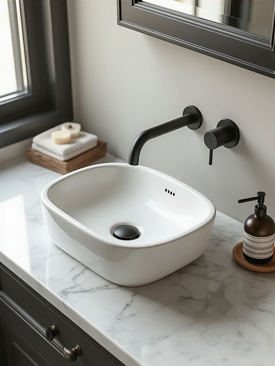 Vertical close-up of a white vessel sink with a matte black wall-mounted faucet and matching matte black pop-up drain, showing overflow compatibility and coordinated finishes on a marble countertop.