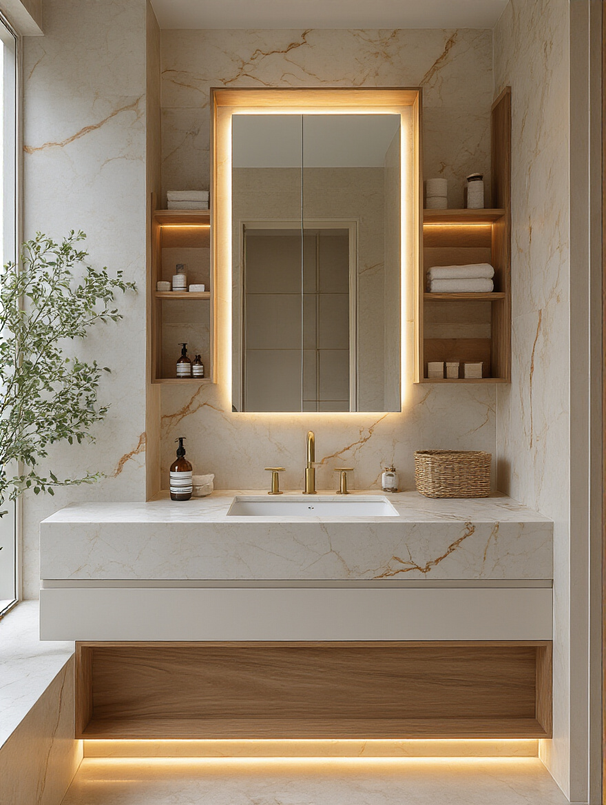 Vertical luxury bathroom with hidden storage behind flush panels and backlit mirror