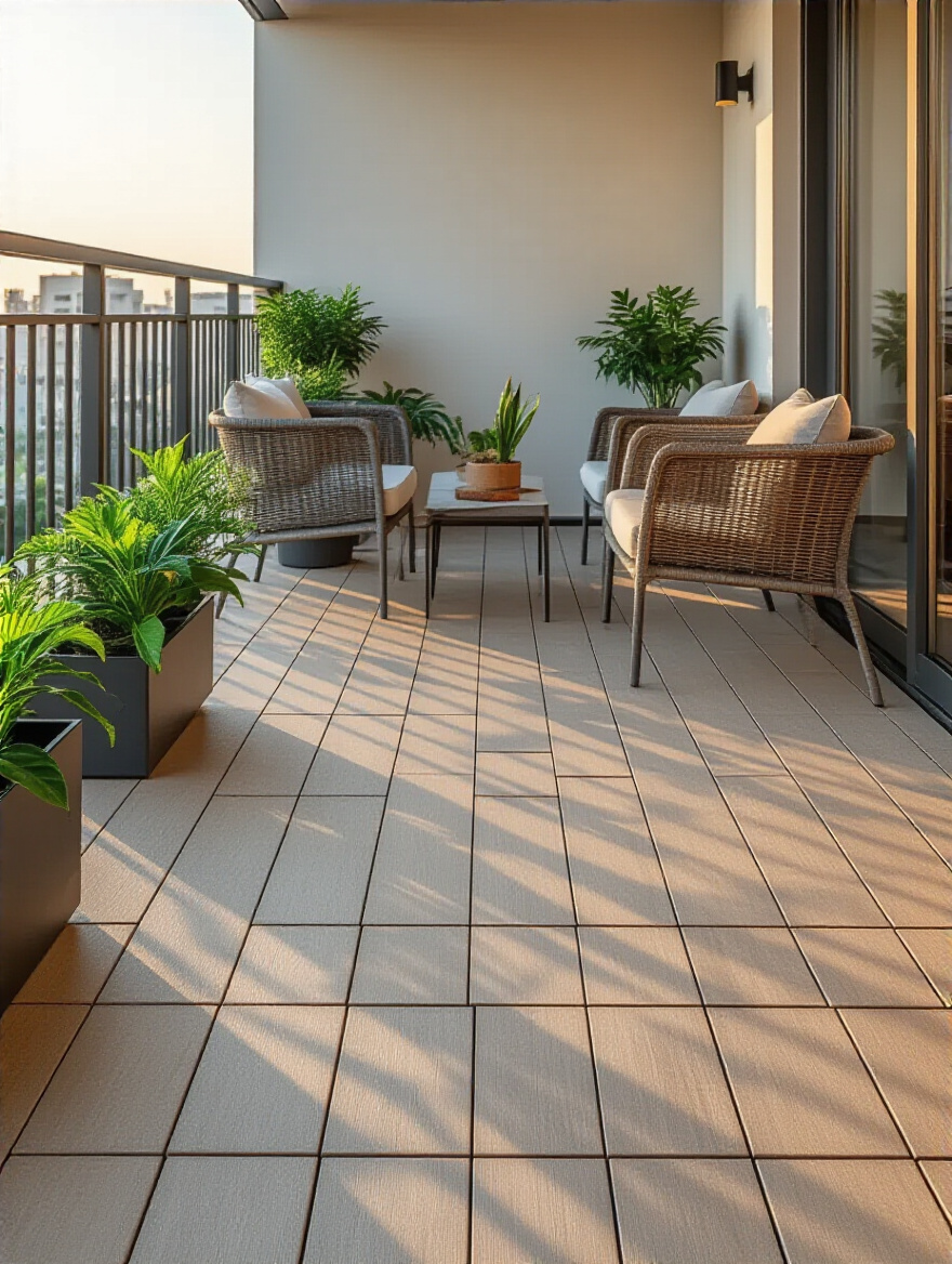 Balcony floor with interlocking decking tiles, tidy and inviting, no people.