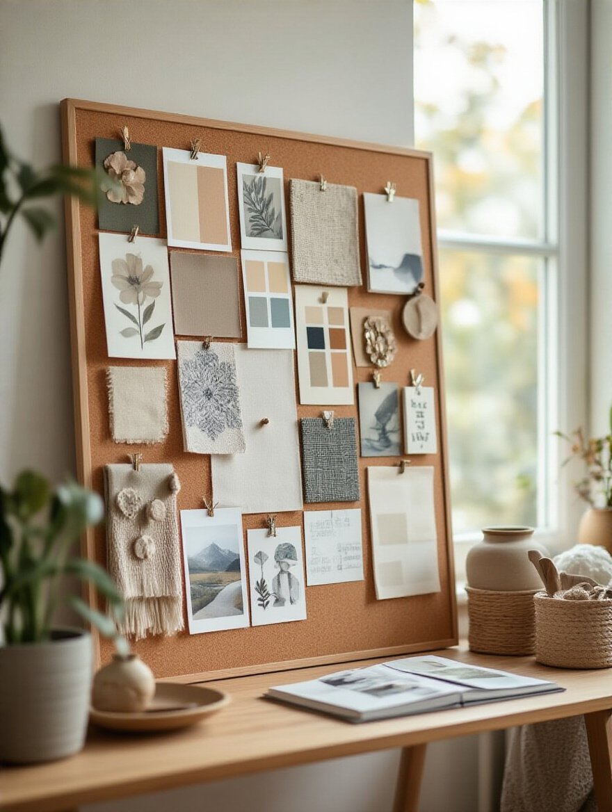 Physical mood board with color swatches, fabric samples, and decor images for living room wall decor theme alignment