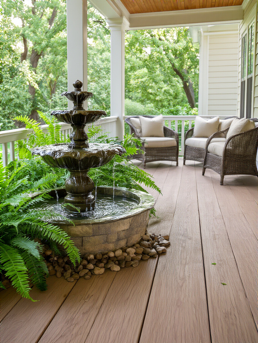 Elegant back porch with a natural stone tiered water fountain surrounded by lush plants and soft LED lighting at golden hour