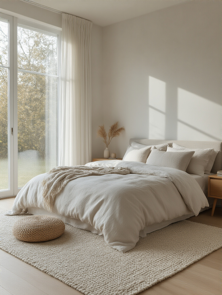 Modern bedroom with minimalist color palette featuring neutral tones and natural textures in a serene setting
