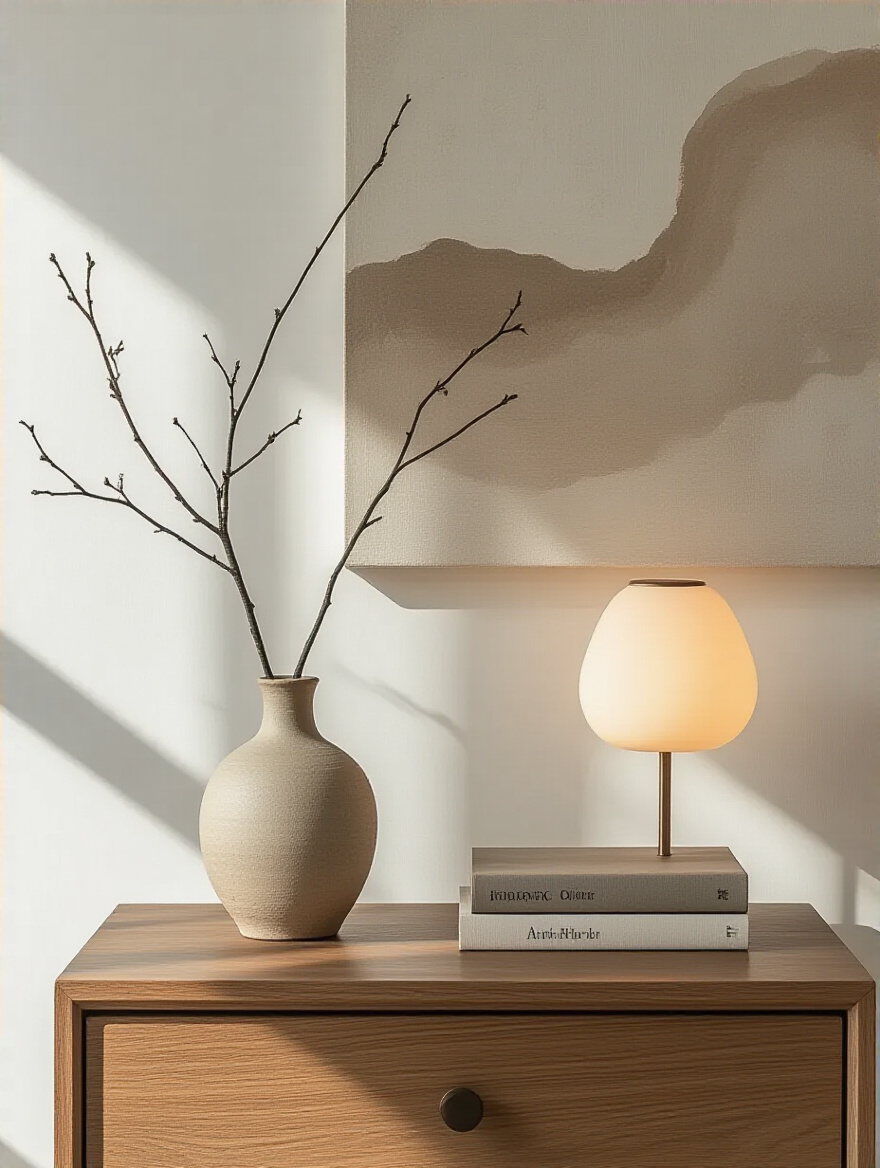 Modern bedroom corner with minimal accessories including ceramic vase, art books, and abstract painting