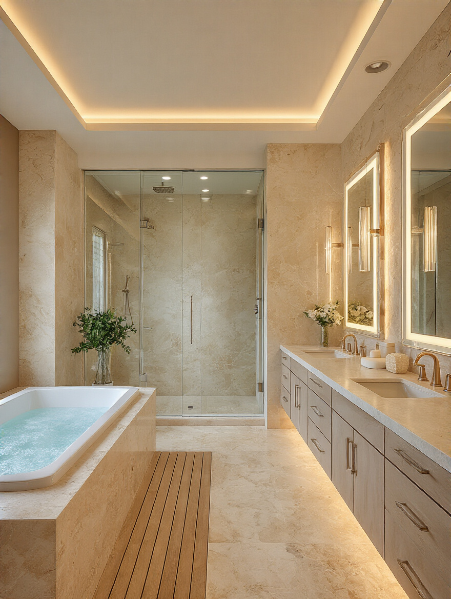 Luxurious bathroom portrait showing layered lighting with dimmable controls, spa-like ambiance