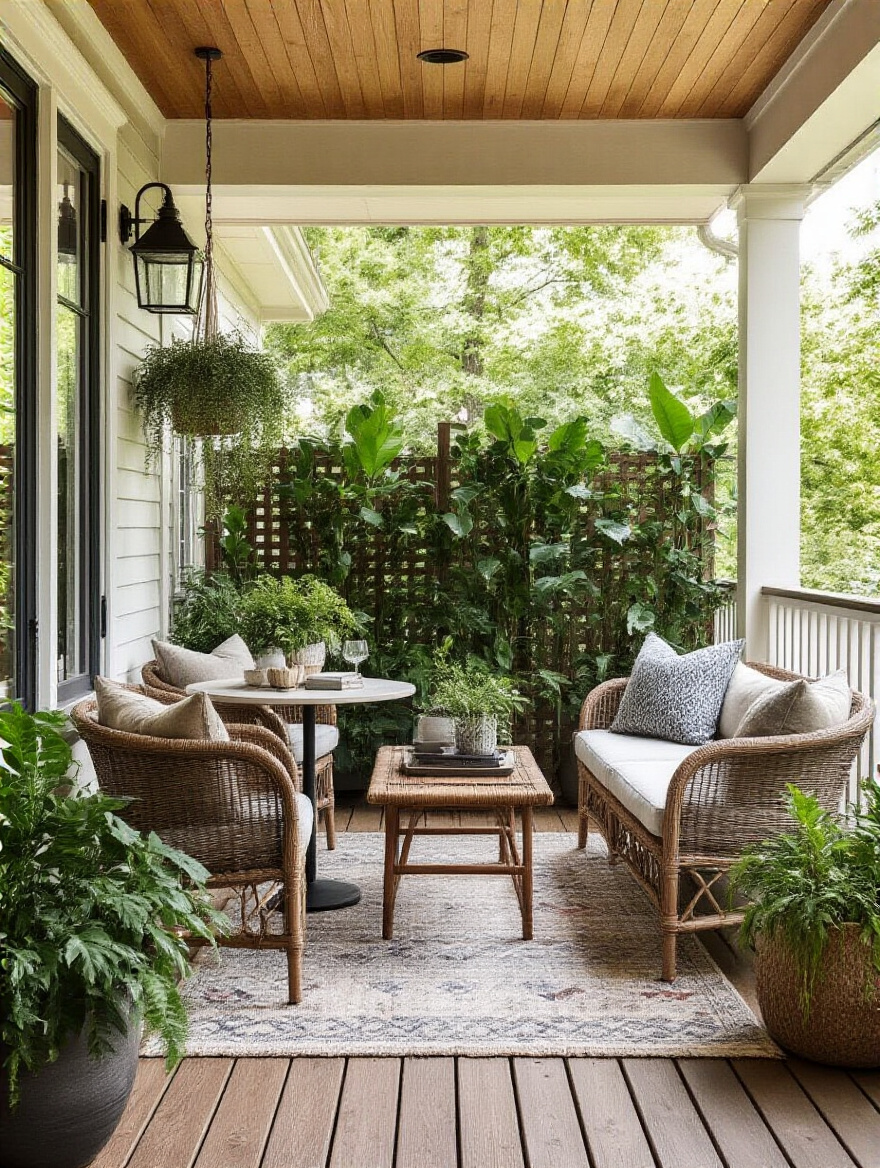 Back porch with distinct activity zones including dining nook and lounge area separated by privacy screen and plants