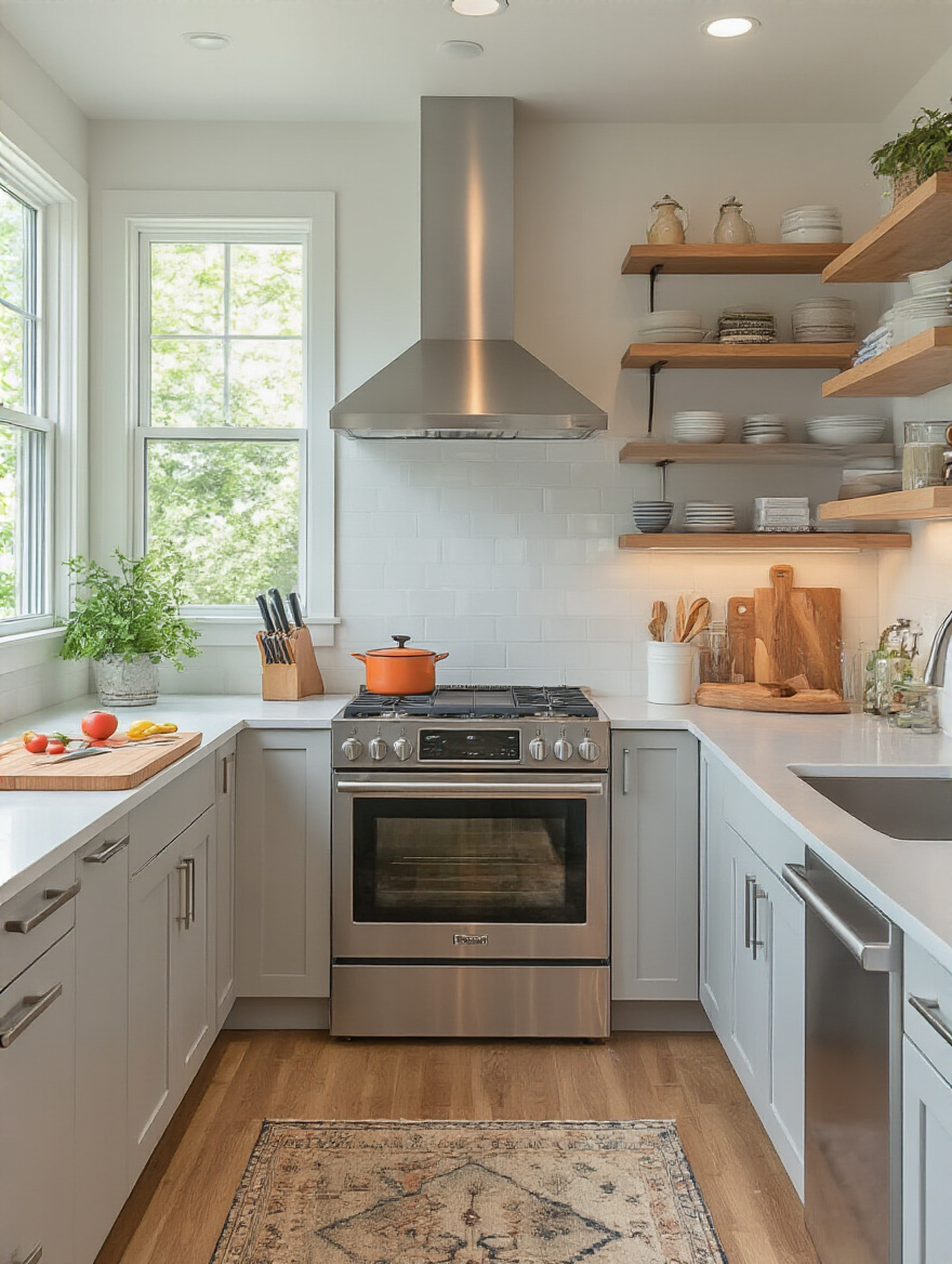 Vertical portrait of a small kitchen showing clearly defined functional zones for prep, cooking, cleaning, and storage.