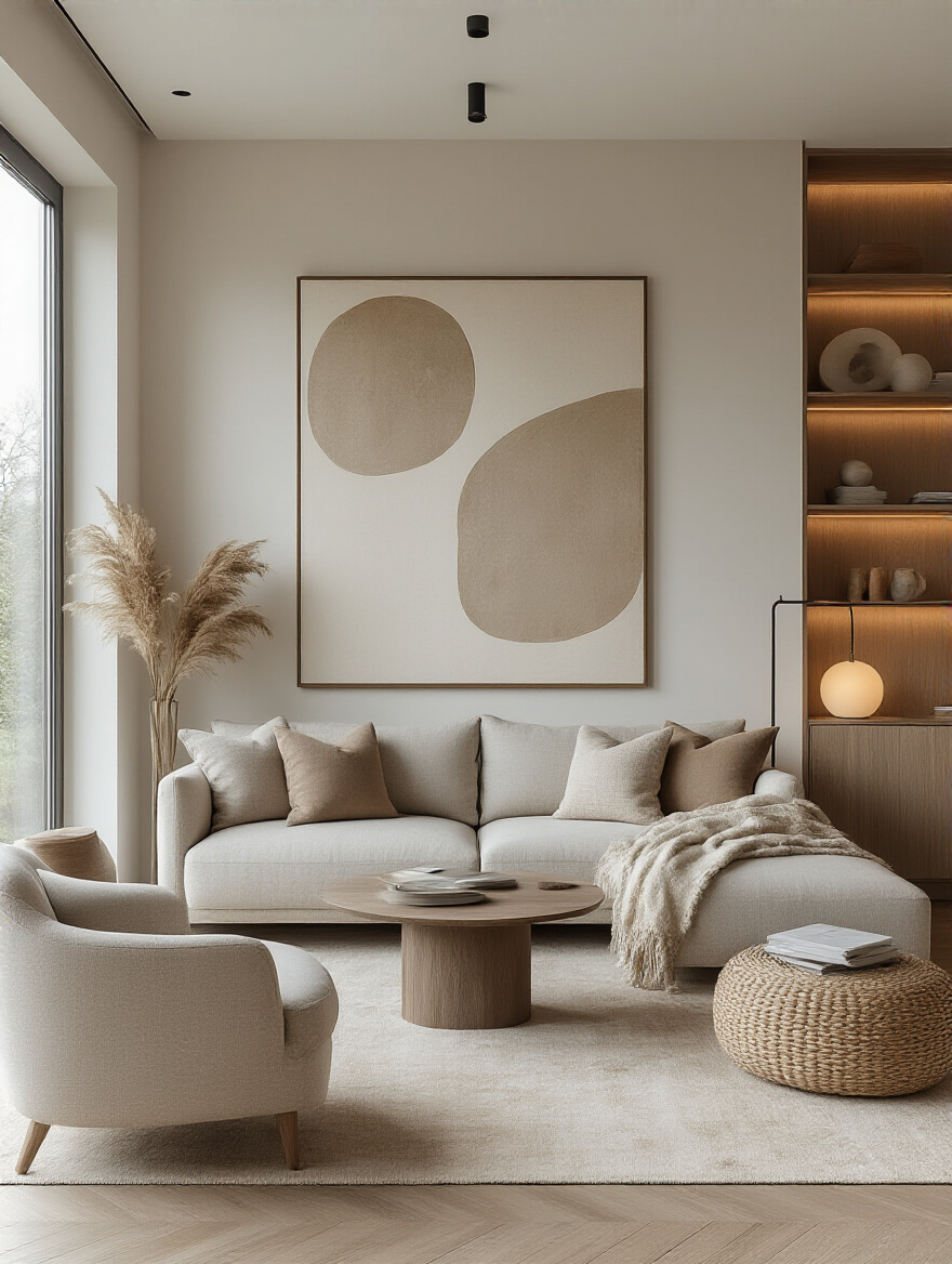 Cohesive living room interior with defined core style, featuring abstract wall art and minimalist decor
