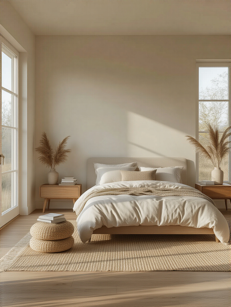 Modern bedroom interior with minimalist furniture, warm wood textures, and soft natural linens in a well-lit space