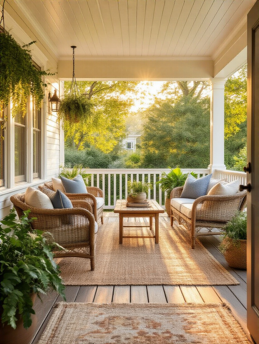 Well-defined back porch setup showcasing purposeful furniture arrangement and decor in warm natural light