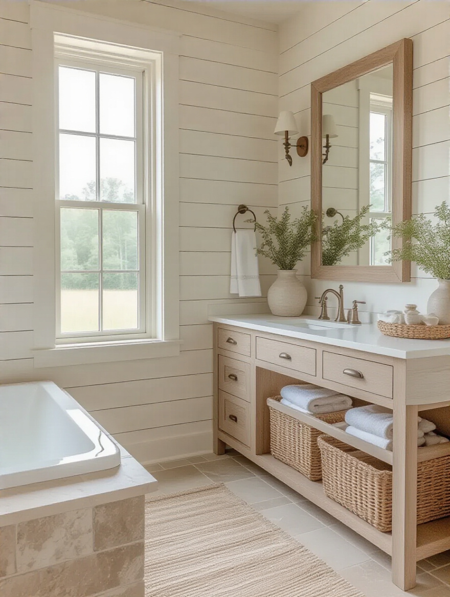Farmhouse bathroom with neutral color palette featuring white shiplap walls, natural wood vanity, and soft beige accents