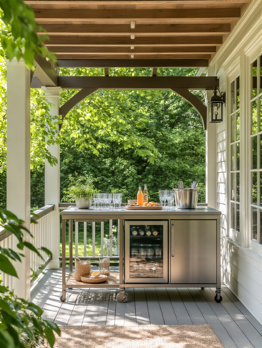 Dedicated outdoor refreshment station on a back porch with mini-fridge, counter space, and snacks