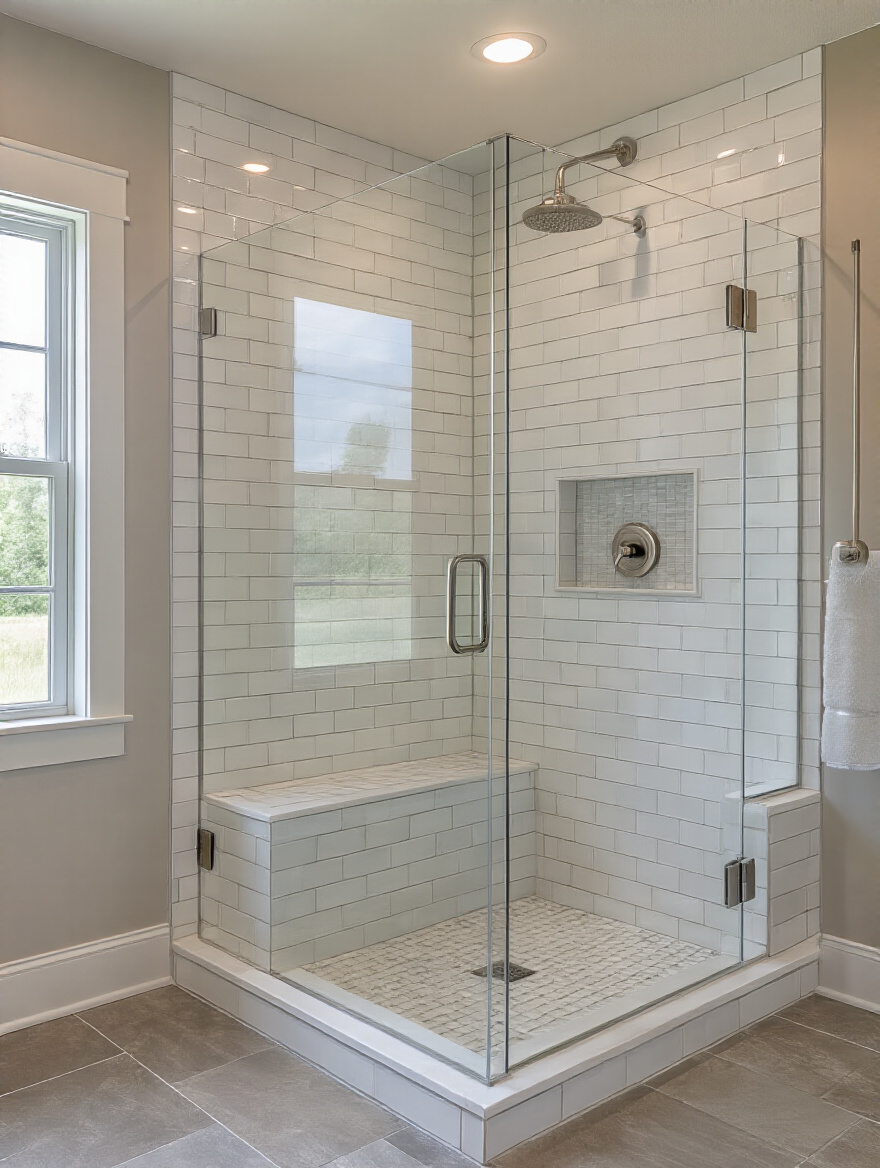 Modern farmhouse bathroom with a clean-lined subway tile walk-in shower featuring frameless glass and brushed nickel fixtures