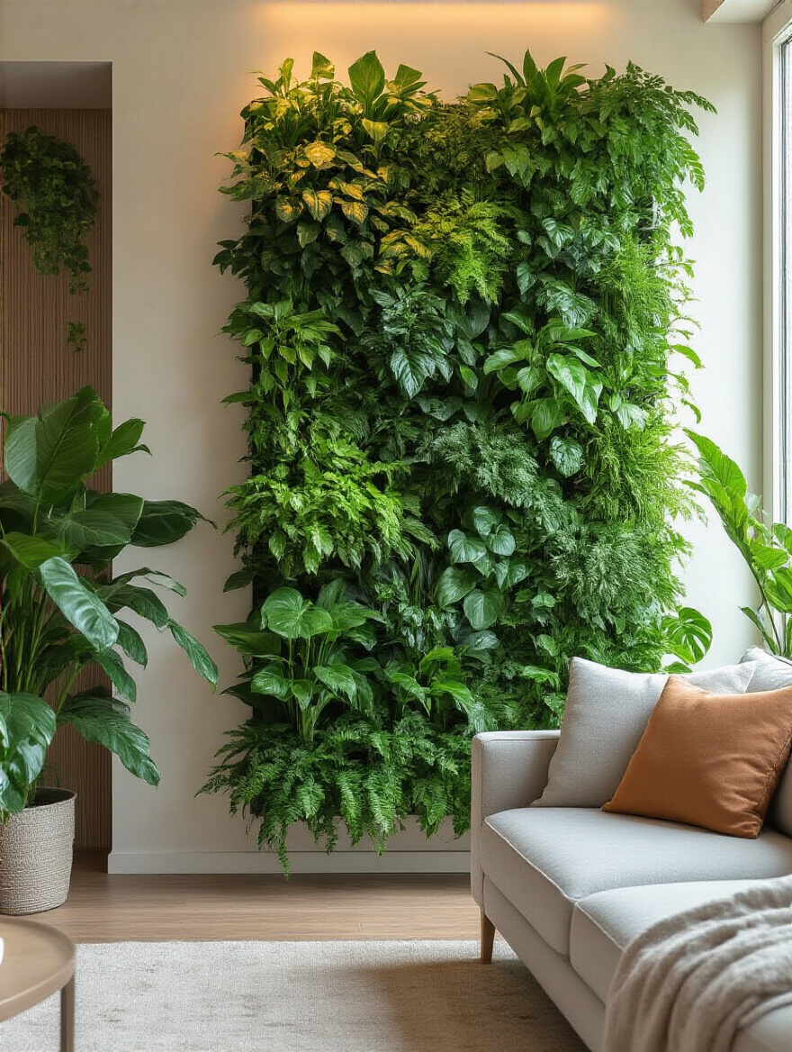 Vertical indoor garden wall with lush green plants in a modern living room setting