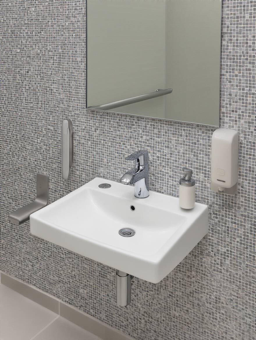 Portrait photo of a modern wall-mounted accessible bathroom sink with concealed plumbing, sensor faucet, tilting mirror, and clear floor space for wheelchair approach