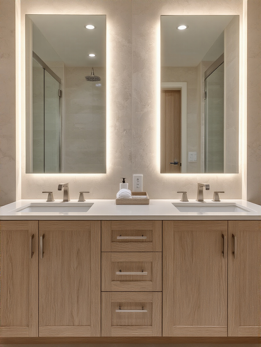 Luxurious bathroom with dual vanity stations and hidden smart storage