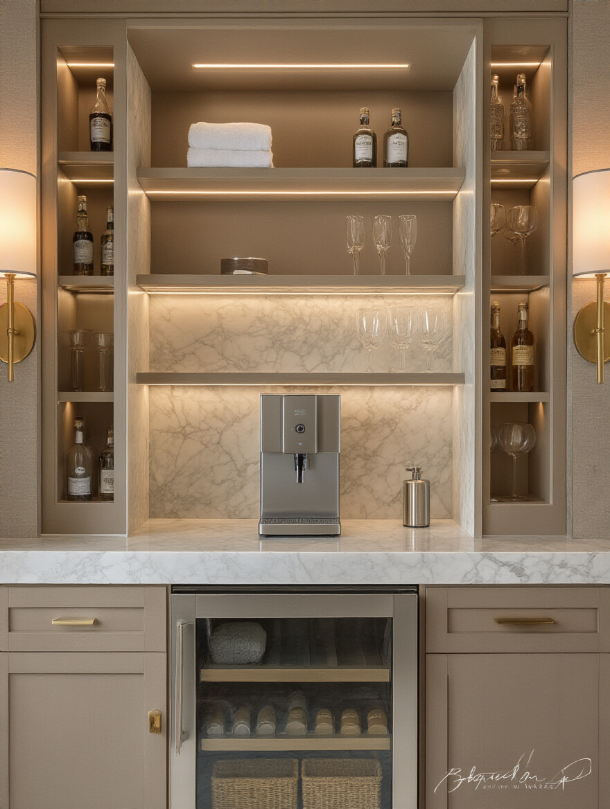 Luxurious bathroom hydration bar integrated into a marble vanity with glassware and ambient lighting