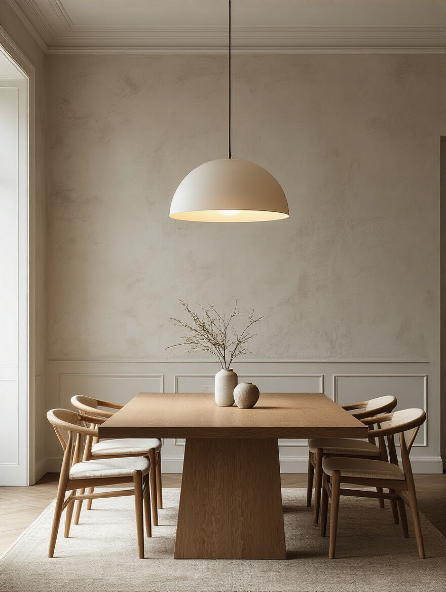 Portrait of a modern dining room with a centered pendant over a wooden table and glare-free lighting