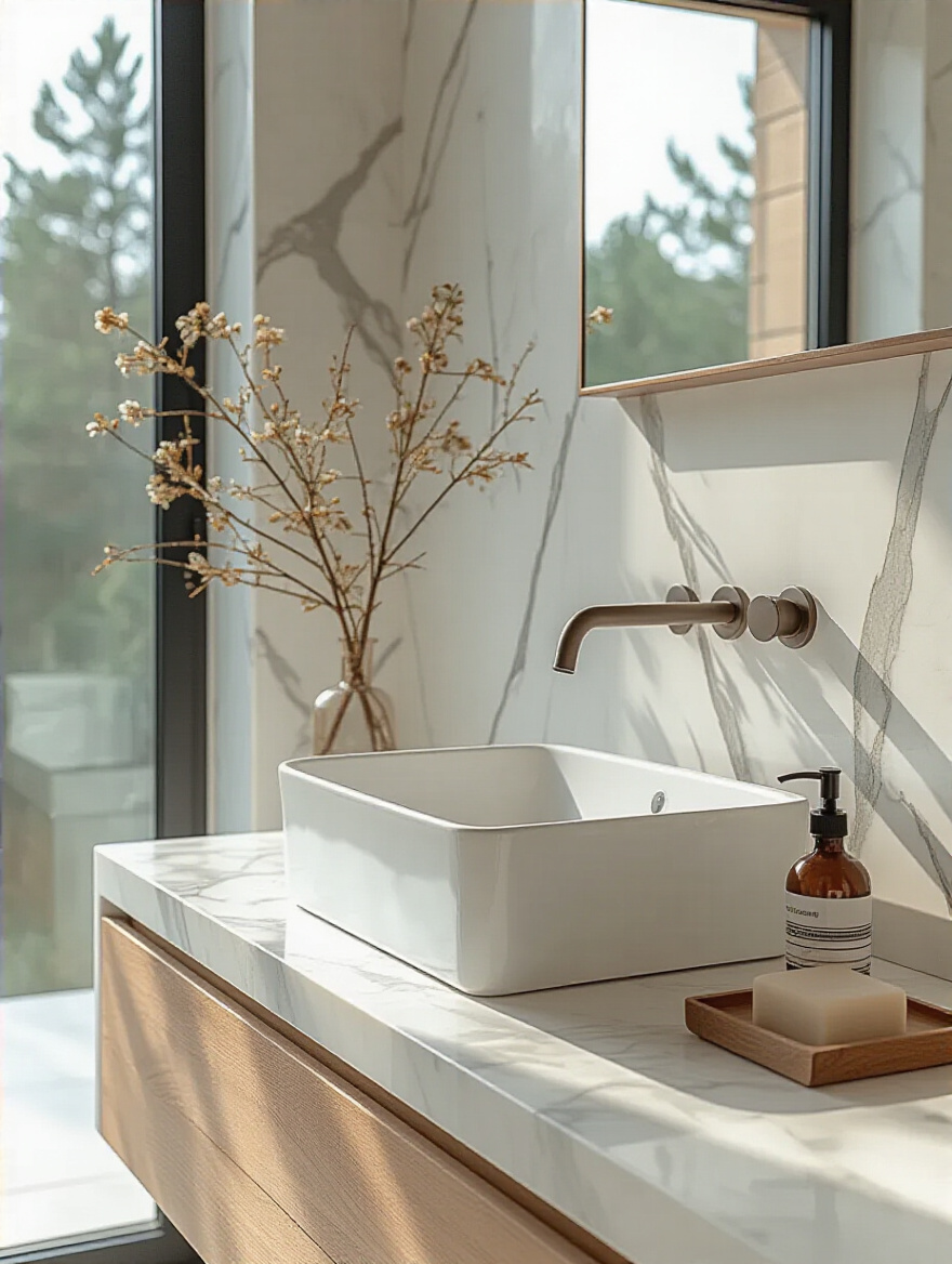 Luxurious minimalist bathroom with a wall-mounted faucet above a white marble vanity.