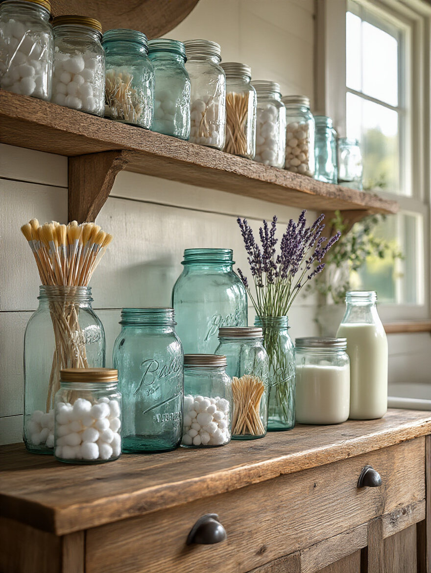 Portrait image of farmhouse bathroom vanity with antique Mason jars and vintage milk bottles displayed as decor