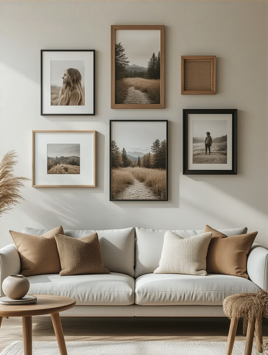 Living room gallery wall showcasing a personal photo collection arranged in artistic layouts with varied frames and soft natural lighting