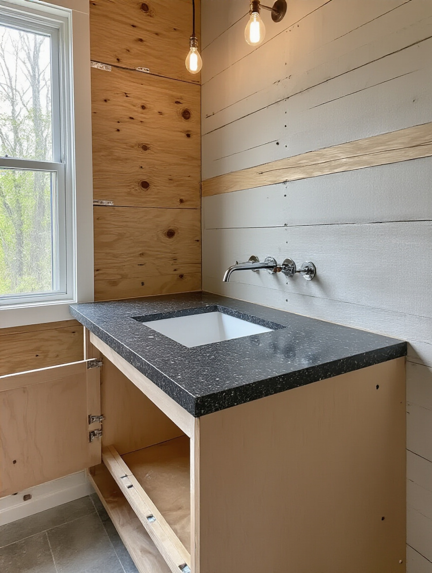 Bathroom vanity with heavy granite countertop showing concealed welded steel sub-frame and full-height plywood gussets visible through open cabinet doors