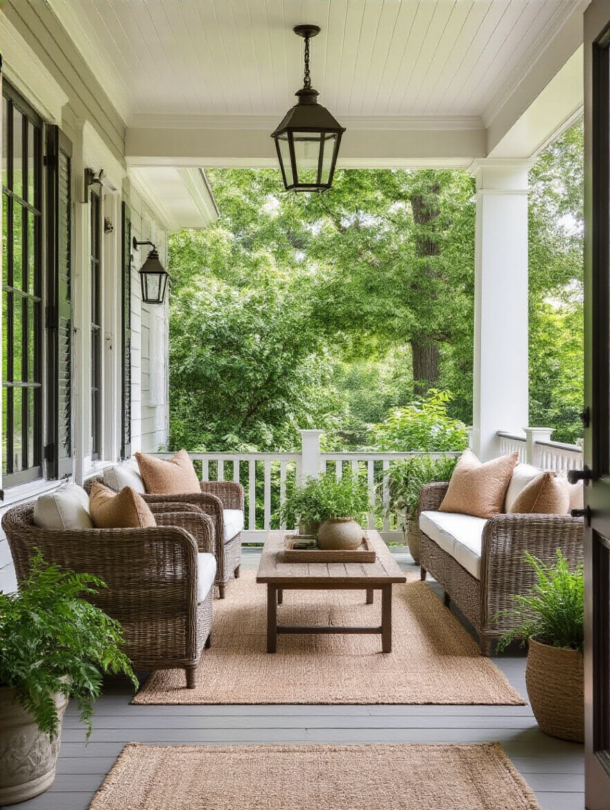 Back porch with a functional layout showing clear pathways and defined seating and dining zones for seamless movement flow