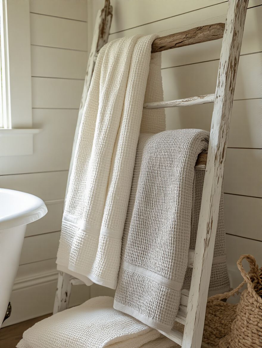 Soft linen and waffle-weave towels draped on a rustic ladder towel rack in a farmhouse bathroom with natural lighting