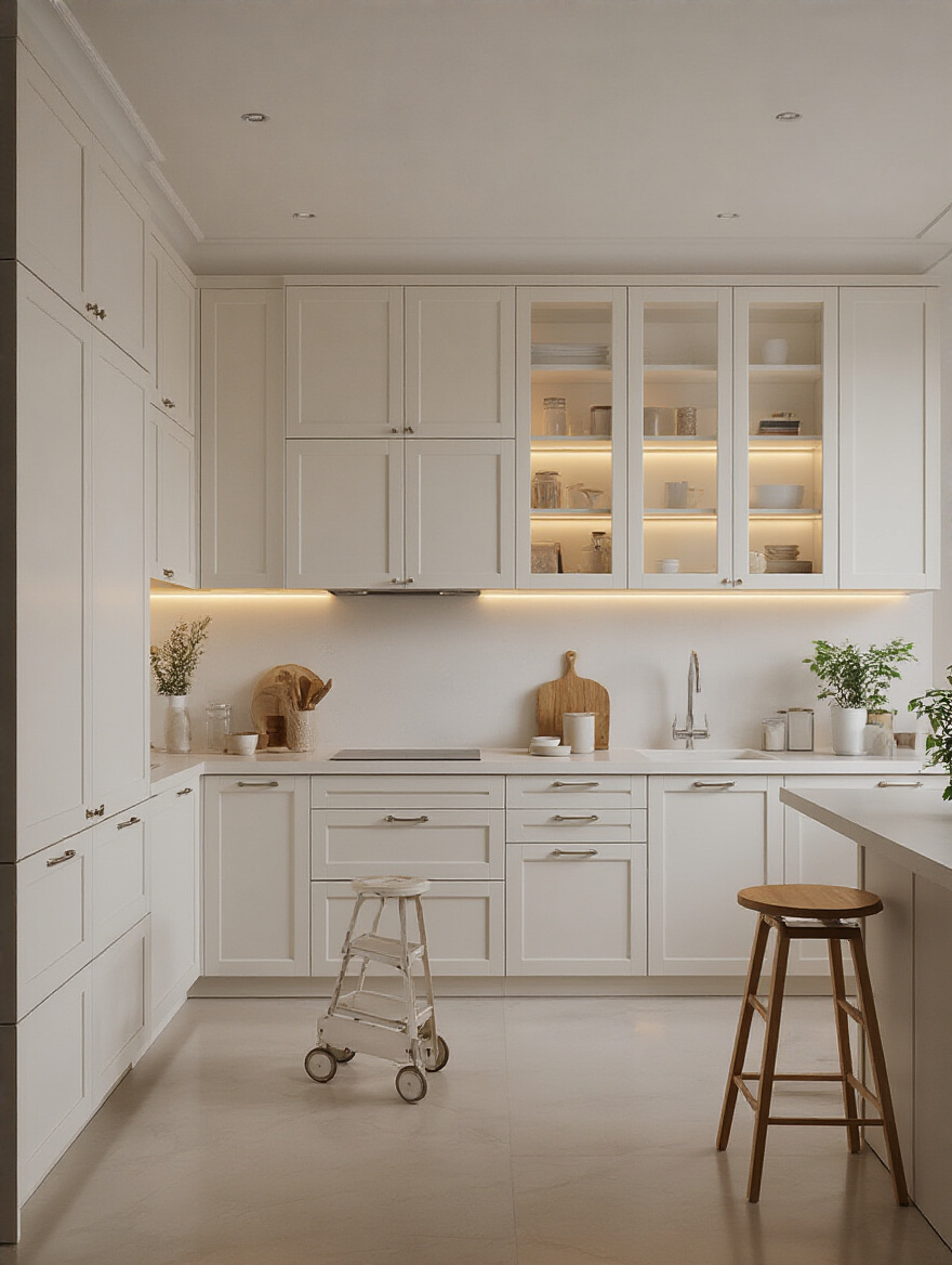 Modern small kitchen with floor-to-ceiling cabinets, integrated lighting, and a ladder leaning against the cabinetry.