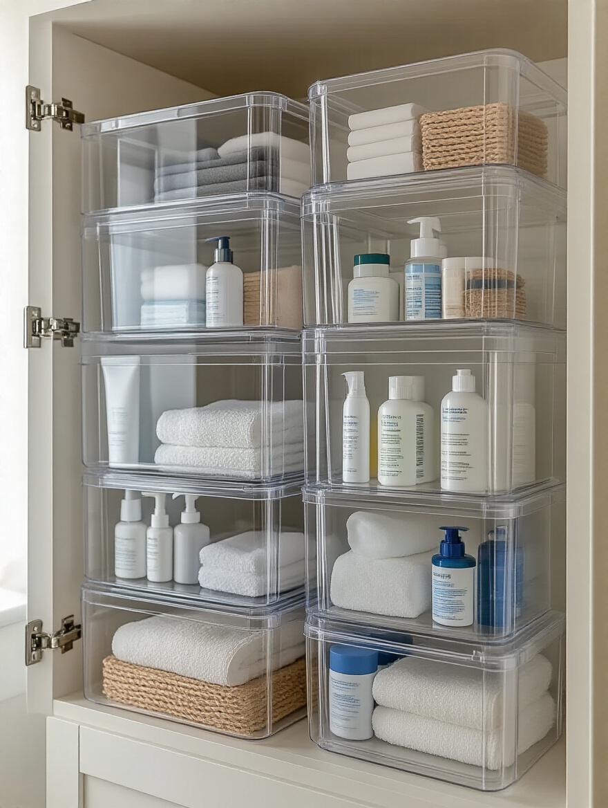 Vertical cabinet storage in a small bathroom using clear stackable bins filled with organized toiletries and cleaning supplies