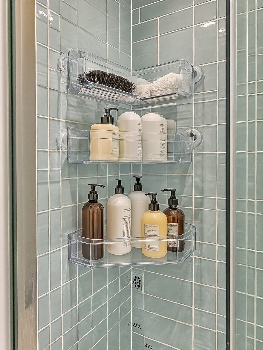 Suction cup caddies mounted in a small shower with bottles neatly arranged and visible drainage holes on smooth glass tiles