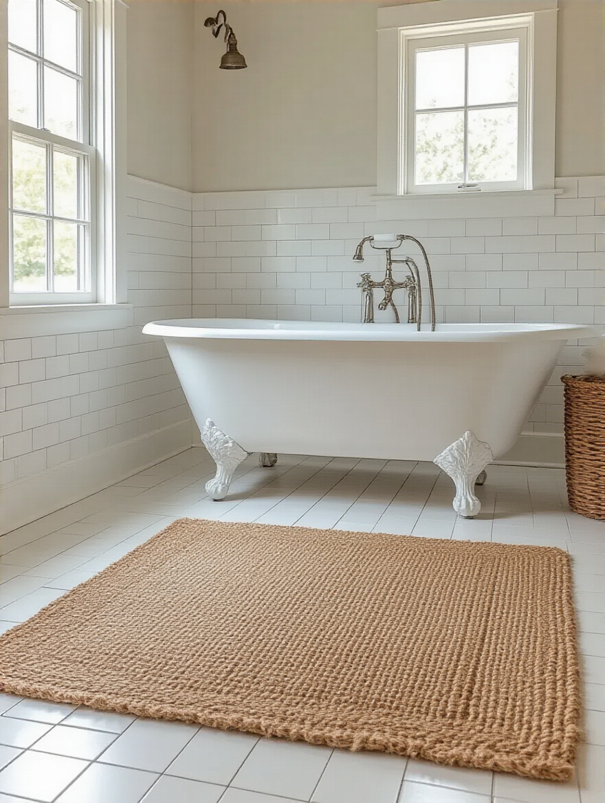 Farmhouse bathroom floor with natural jute rug in front of clawfoot tub showcasing woven texture and warmth