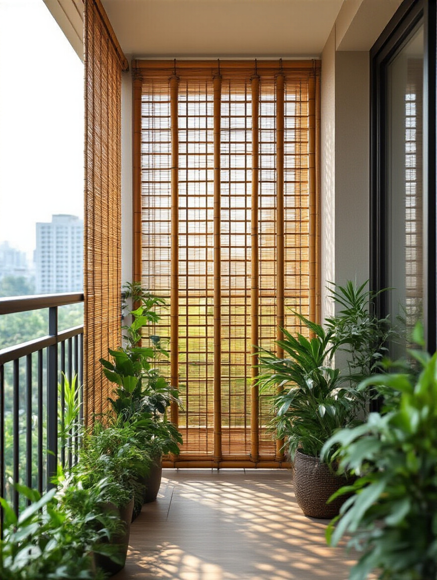 Balcony privacy screens with bamboo and lattice panels creating a secluded outdoor space, potted greenery, soft daylight.