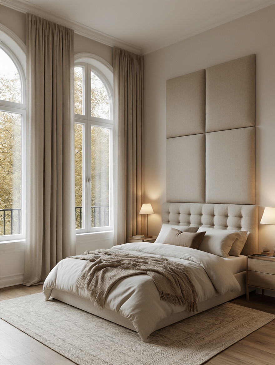 Modern bedroom featuring thoughtful acoustic elements like blackout curtains, acoustic wall panels, and rugs to enhance sleep quality