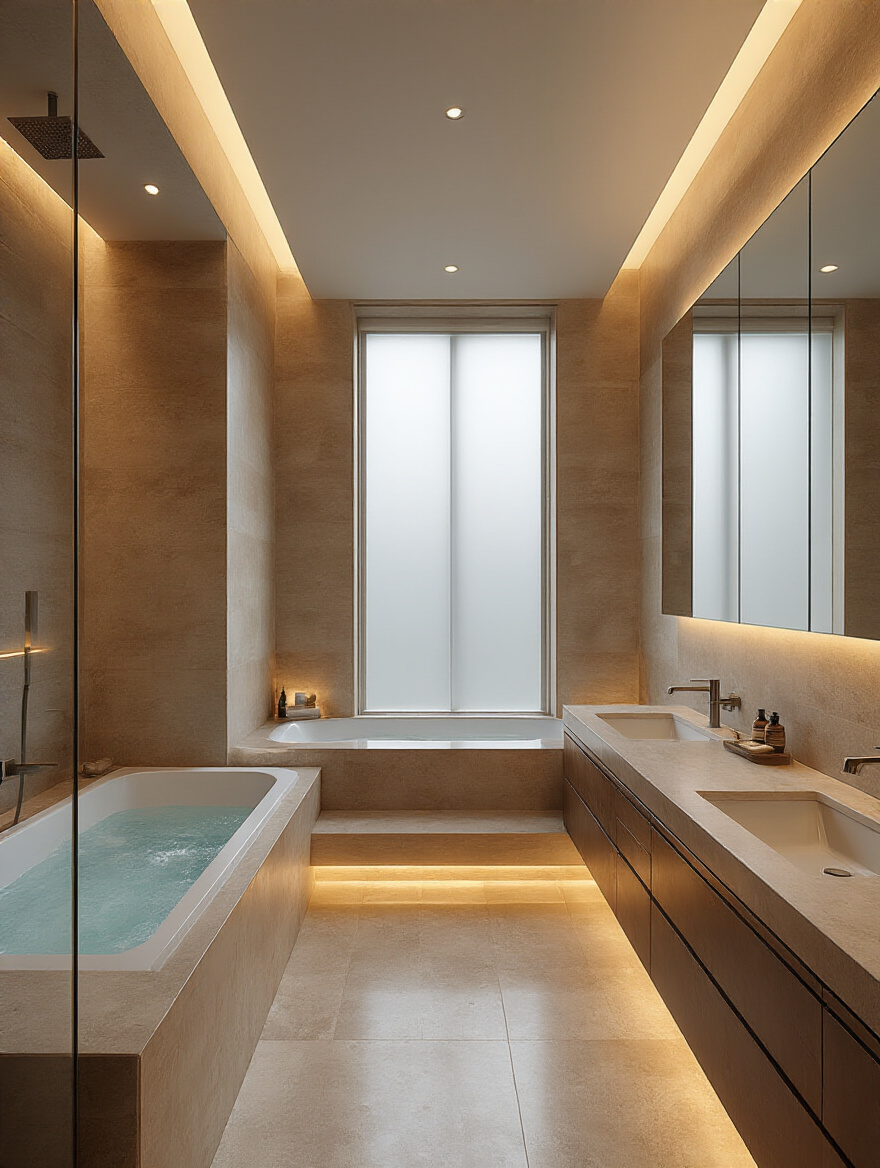 Luxurious modern bathroom with a wide central walkway and premium fixtures.