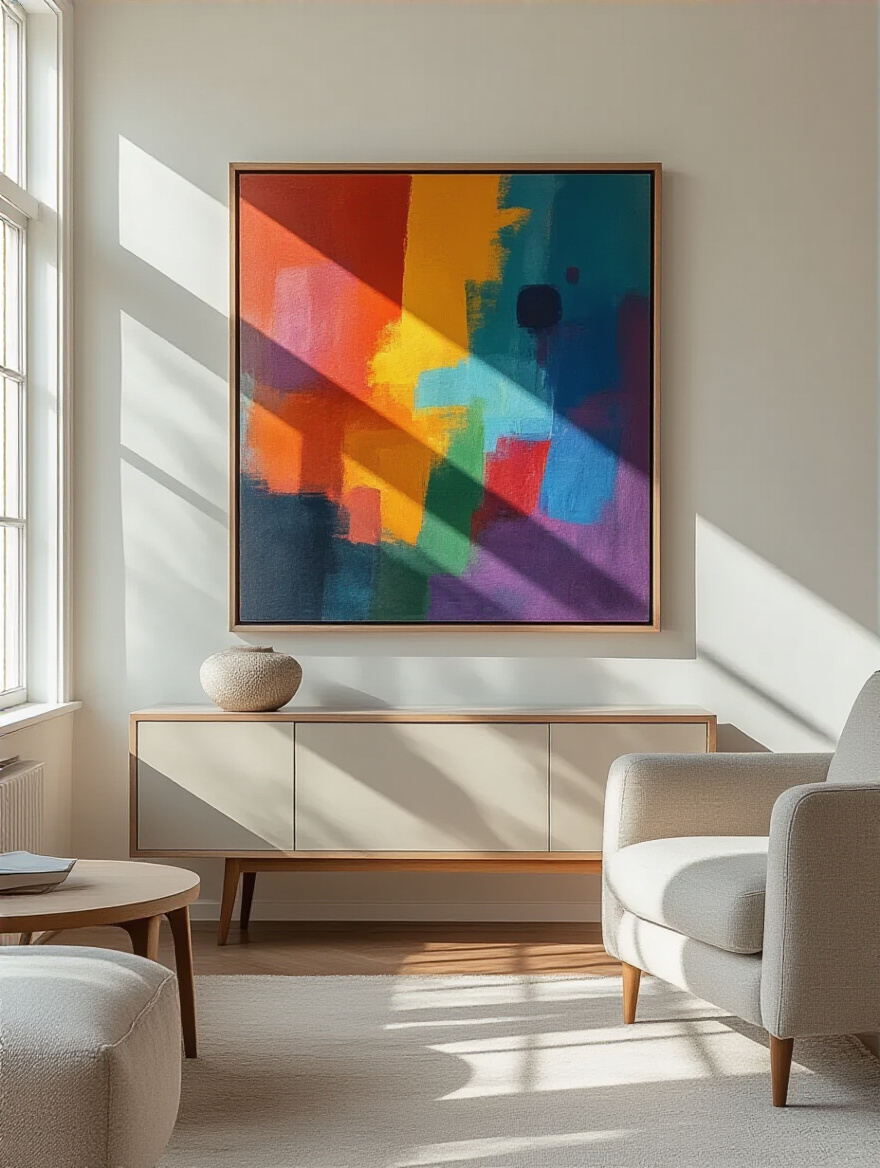 Modern living room with a large vibrant abstract painting as focal point above a minimalist credenza, natural daylight highlighting the wall decor