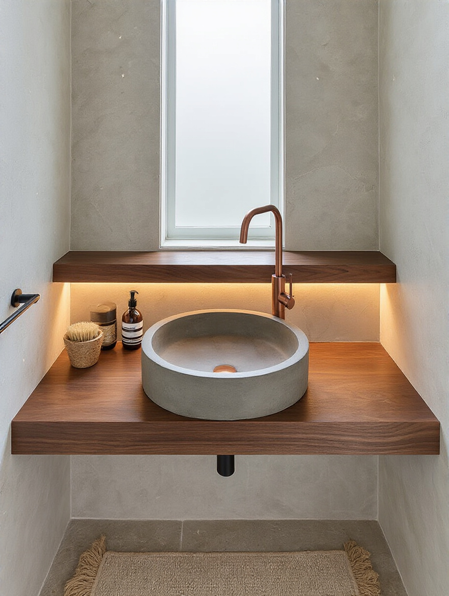 Vertical photo of a bespoke poured-concrete sink integrated into a floating walnut vanity with hand-hammered copper faucet and warm under-vanity lighting