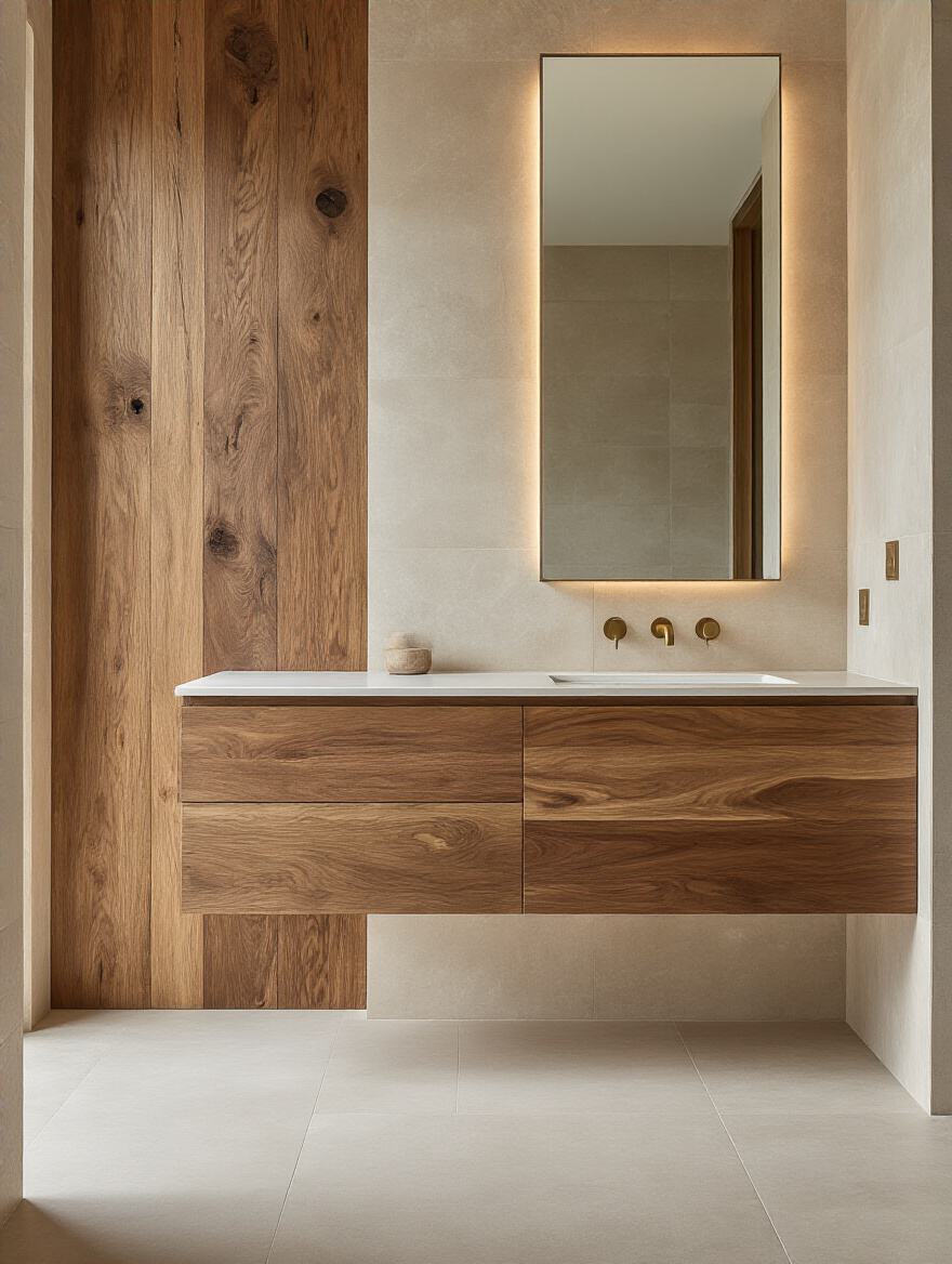 Luxury bathroom with reclaimed wood feature wall and veneer vanity