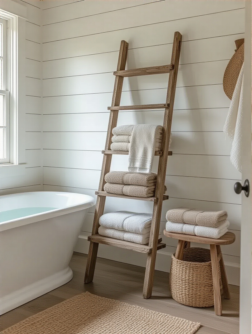 Repurposed vintage wooden ladder for towel storage in a cozy farmhouse bathroom with natural light and rustic decor