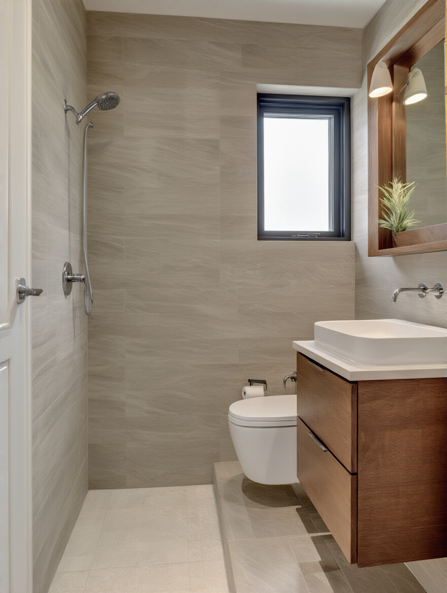 Well-proportioned single sink vanity in a compact bathroom showing clear floor space and balanced layout