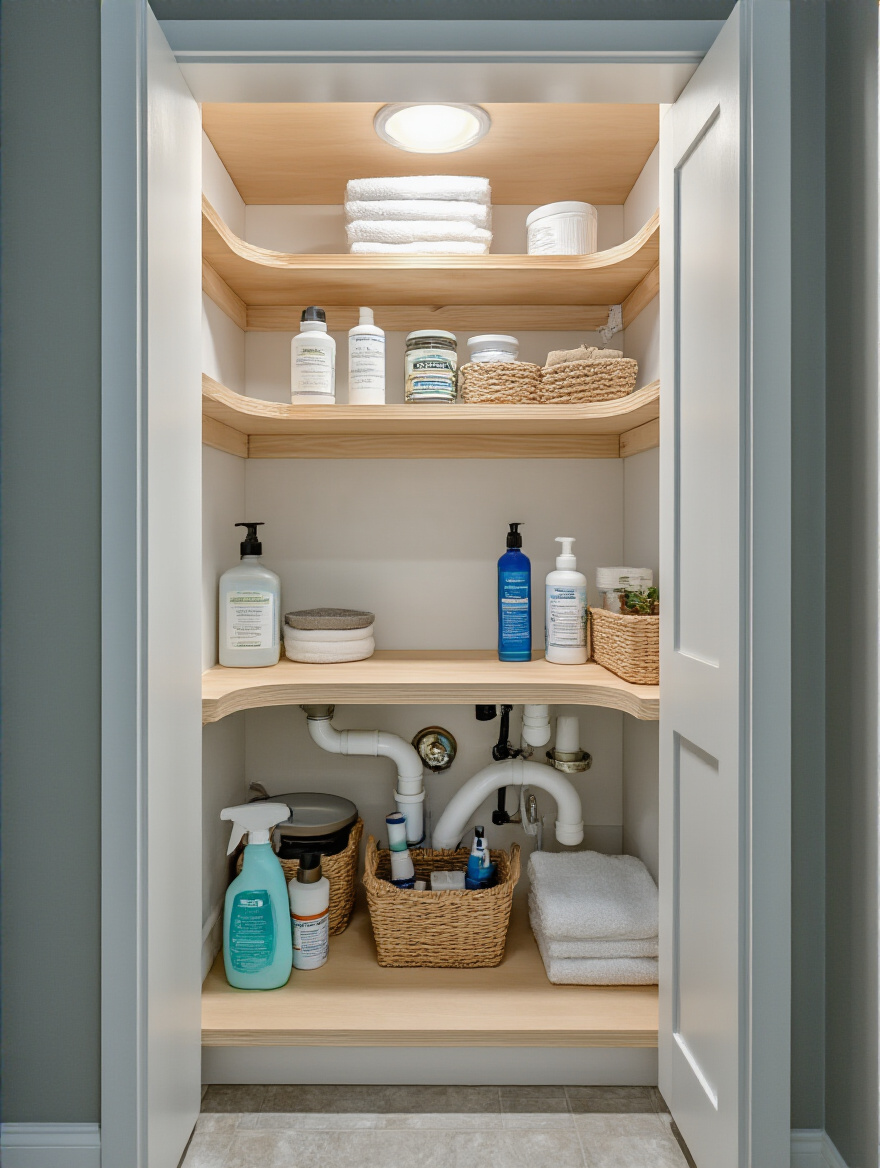 Custom U-shaped shelves fitted around under-sink plumbing in a small bathroom cabinet for enhanced storage