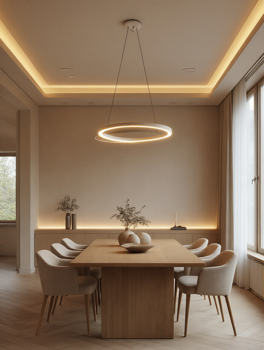 Portrait of a modern dining room with layered LED lighting and warm ambience, no people