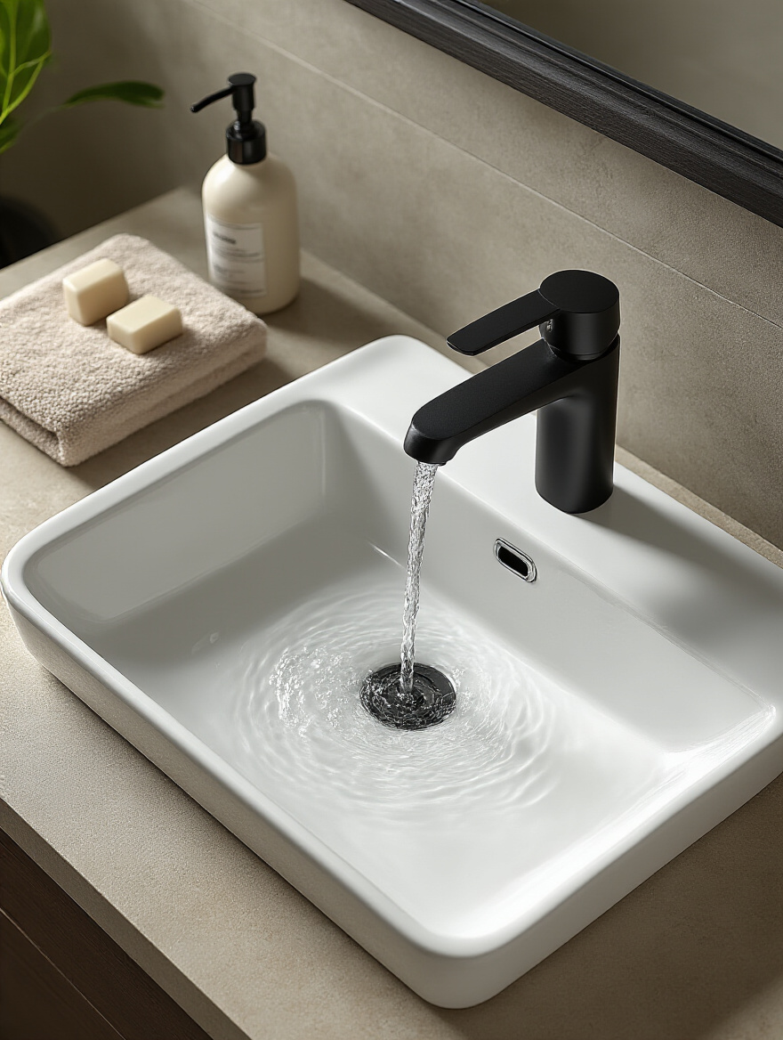 Vertical photo of a modern matte-black mid-arc faucet over a white undermount sink, showing water stream landing near the drain and comfortable clearance for hand washing.