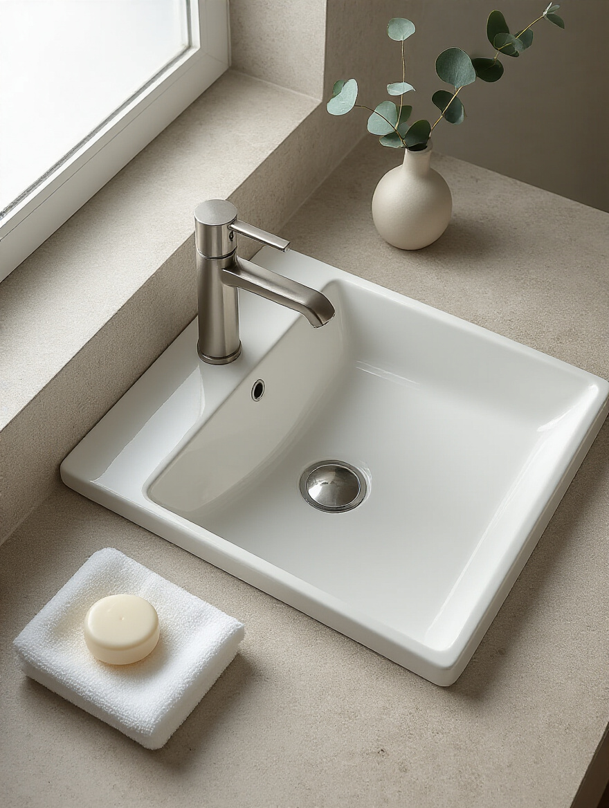 Pristine integrated vitreous china sink and solid-surface countertop with water beading and microfiber cloth, illustrating non-porous surfaces for easy cleaning.