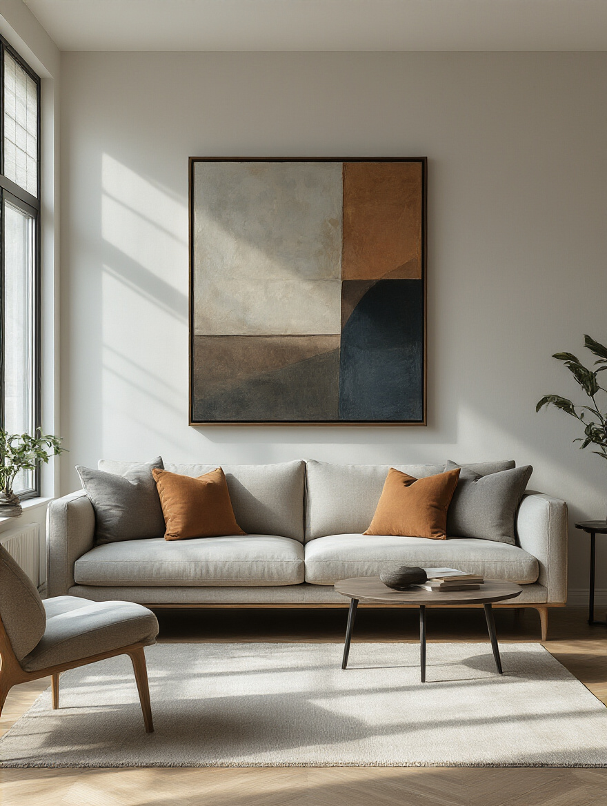 Living room wall with a large framed artwork hung at eye level above a sofa, showcasing optimal art placement for viewing comfort and balance