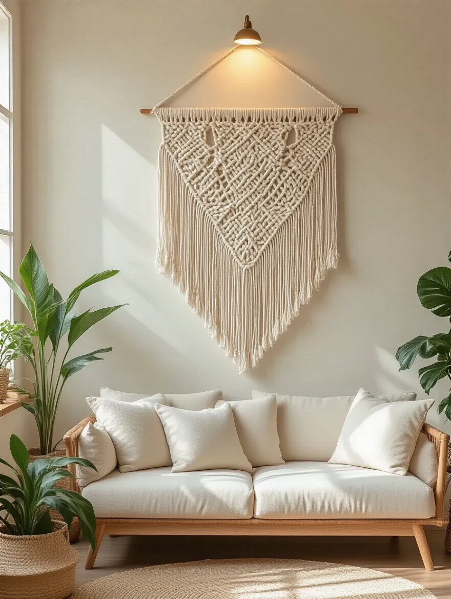 Macrame wall hanging above sofa in cozy bohemian living room with natural light and plants