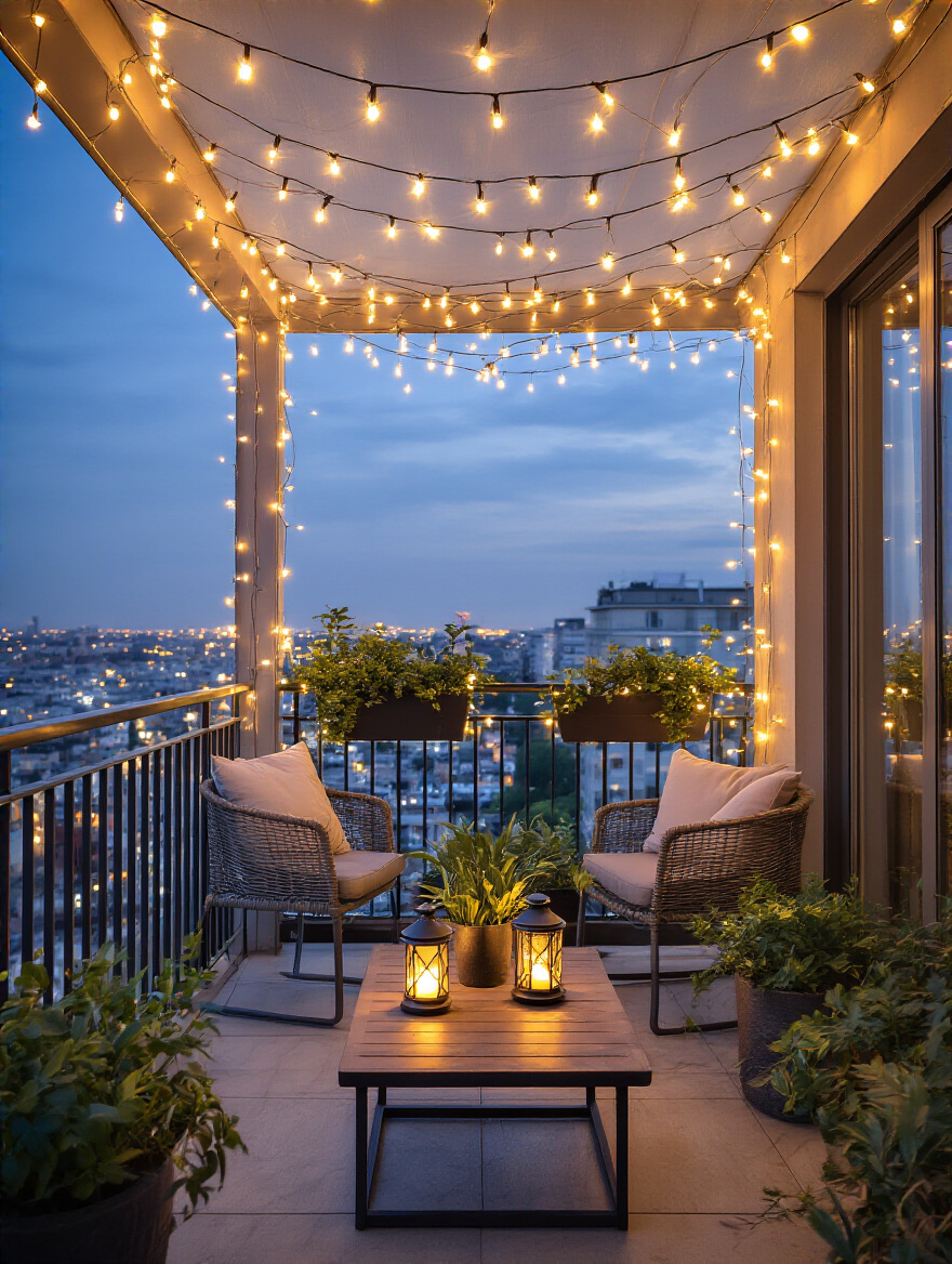 Night balcony with warm string lights and lanterns creating a cozy outdoor space.