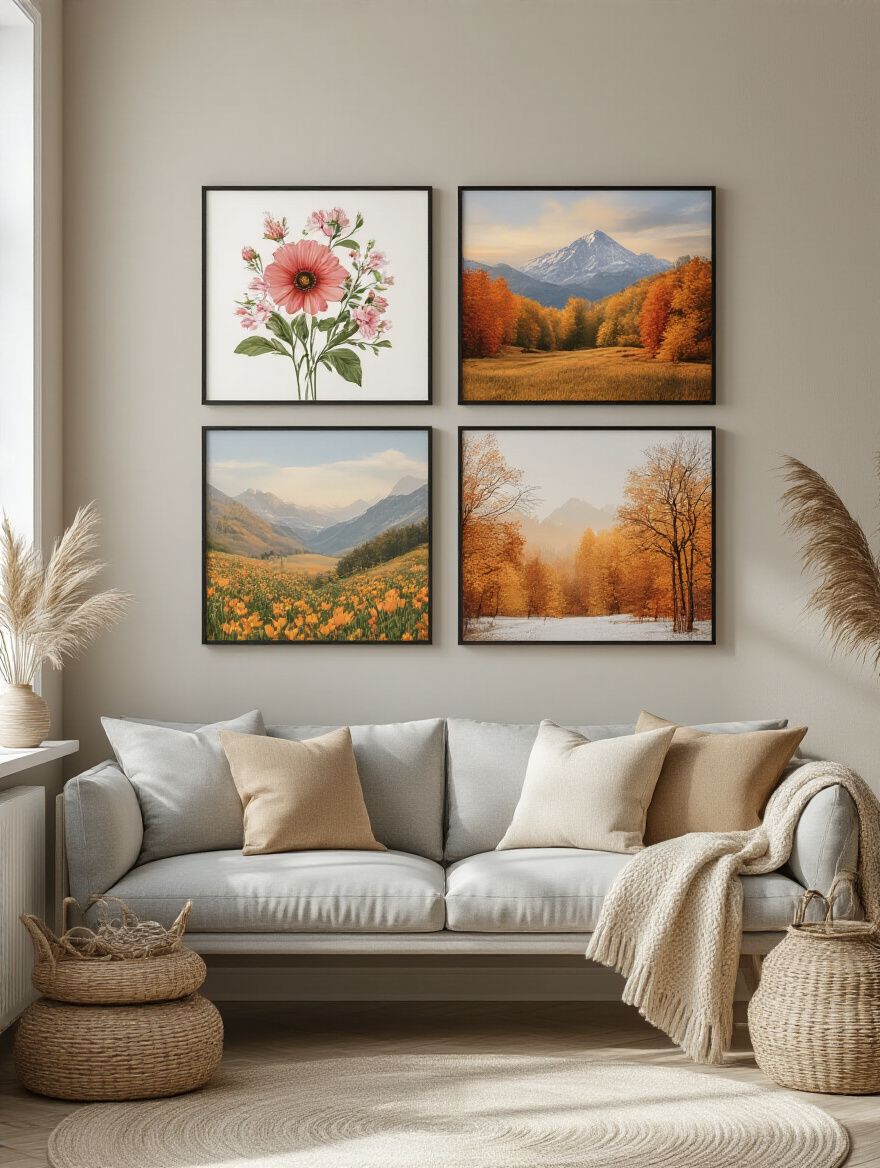 Living room wall featuring seasonal wall decor changes with interchangeable art prints in a stylish gallery frame